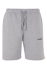 Grijze katoenen shorts met een elastische tailleband en trekkoord. Bevat een klein zwart "UPSCALE" logo op de voorkant. Glad, lichtgewicht materiaal.