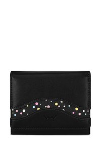 Black leather wallet featuring a wavy design and a polka dot pattern in pastel colors on a black background. Accented with branding.