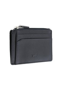 Porta carte in pelle nera con molteplici scomparti e un compartimento con zip, caratterizzato da un piccolo logo di rinoceronte in rilievo.