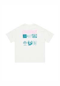 Hvid bomulds t-shirt med farverige trykte grafikker på bagsiden, herunder abstrakte mønstre og tekst i lyserød og teal.