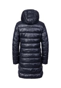 Marineblå pufferjakke med hætte, der har et tekstureret, quiltet design og en lang, lige silhuet. Glat, skinnende materiale.