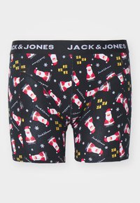 Schwarze Boxershorts mit einem wiederholten Muster von Weihnachtsmann-Figuren, Schneeflocken und "HO HO HO"-Text in leuchtenden Farben. Dehnbare Stoffqualität, elastischer Bund.
