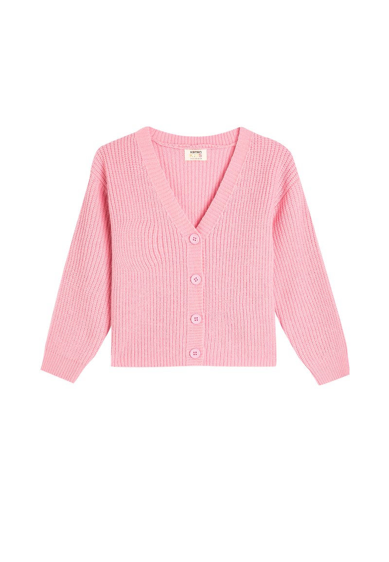 Cardigan a coste rosa chiaro con scollatura a V, maniche lunghe e chiusura a sei bottoni. Texture morbida e design aderente.