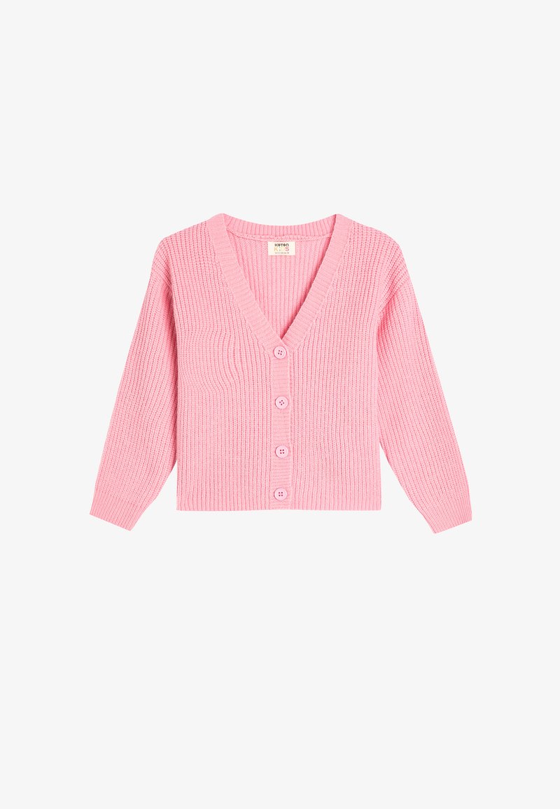 Helles rosa geripptes Cardigan mit V-Ausschnitt, langen Ärmeln und sechs Knopfverschlüssen. Weicher Stoff und figurbetontes Design.