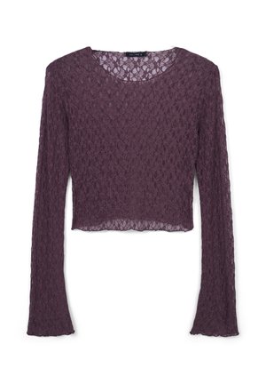 Top in pizzo a maniche lunghe e cropped di colore viola scuro con un motivo testurizzato. Collo rotondo e maniche aderenti. Tessuto leggero e trasparente.