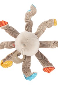 Weicher Plüsch-Oktopus-Spielzeug mit acht Armen in Beige und gemusterten Stoffakzenten; zeigt verschiedene Farben: orange gestreift, blaue Punkte, gelb.
