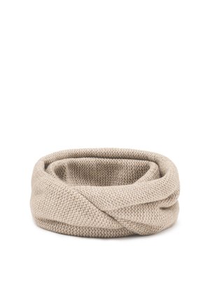 Scarf infinito beige lavorato a maglia con una texture morbida; presenta un design a loop continuo e un sottile motivo intrecciato.