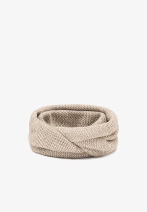 Écharpe en tricot beige en forme d'infini avec une texture douce ; présente un design en boucle continue et un subtil motif tissé.