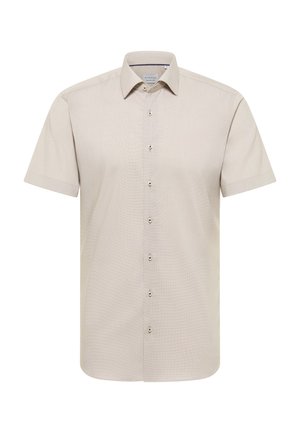 Beige kortærmet skjorte med knapper, spidst krave, syv knapper foran og en lige kant.