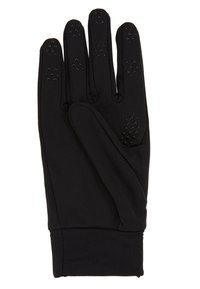 Gant en tissu noir à cinq doigts, doté de points de grip texturés sur les bouts des doigts et la paume pour une prise améliorée, et d'une conception de poignet ajustée.