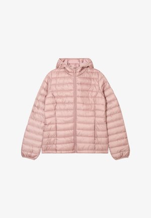 Chaqueta inflable rosa con capucha, con un diseño acolchado, cierre frontal y puños elásticos. El material parece suave y ligero.