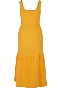 Geel mouwloos jurkje met een vierkante halslijn, nauwsluitende bodice en een uitlopende, gelaagde rok. Gemaakt van zachte, rekbare stof.