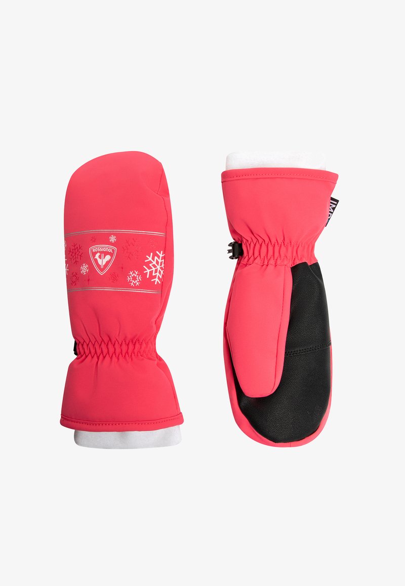 Różowe wodoodporne rękawice z czarną dłonią, zdobione wzorami w kształcie płatków śniegu, z elastycznym mankietem zapewniającym dobre dopasowanie. Materiał wydaje się gładki i trwały.