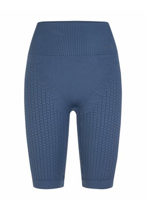 Blaue nahtlose Strick-Bike-Shorts mit hoher Taille, versehen mit strukturierten Diamant- und Netzmustern an Beinen und Bund.