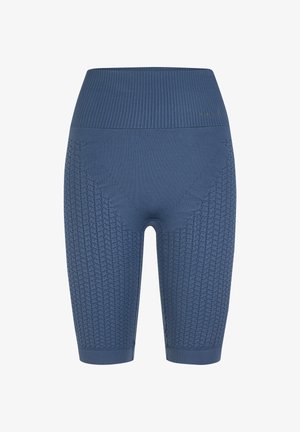 Blaue nahtlose Strick-Bike-Shorts mit hoher Taille, versehen mit strukturierten Diamant- und Netzmustern an Beinen und Bund.