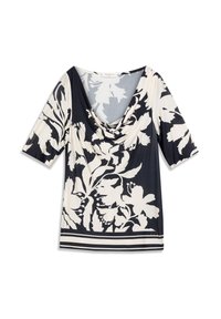 Haut à imprimé floral avec un col bénitier, des manches courtes et un schéma de couleurs noir et crème. Tissu lisse avec un ourlet rayé contrastant.