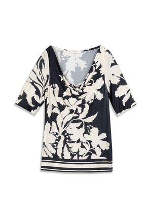 Haut à imprimé floral avec un col bénitier, des manches courtes et un schéma de couleurs noir et crème. Tissu lisse avec un ourlet rayé contrastant.