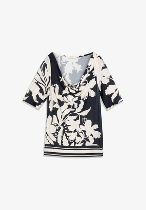 Haut à imprimé floral avec un col bénitier, des manches courtes et un schéma de couleurs noir et crème. Tissu lisse avec un ourlet rayé contrastant.