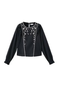 Blusa nera con maniche lunghe, caratterizzata da ricami floreali bianchi, dettagli arricciati e un'apertura a chiave sulla schiena. Tessuto strutturato con un taglio cropped.