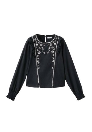 Blusa nera con maniche lunghe, caratterizzata da ricami floreali bianchi, dettagli arricciati e un'apertura a chiave sulla schiena. Tessuto strutturato con un taglio cropped.