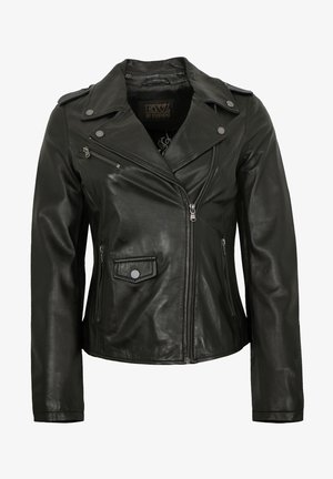 Schwarze Leder-Motorradjacke mit Reißverschluss vorne und asymmetrischem Verschluss, zwei seitlichen Taschen und Notch-Kragen. Glatte, glänzende Textur.