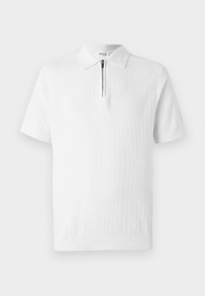 White short-sleeve polo shirt with a textured knit, featuring a zippered collar and ribbed hem. Clean design suitable for casual wear.