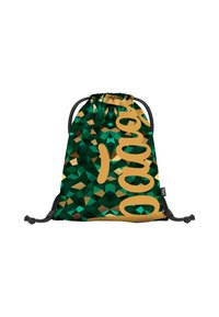 Zelený stahovací sáček s geometrickým vzorem a zlatým textem. Vyrobeno z tkaniny, obsahuje stahovací uzávěr a šedé šňůrky.