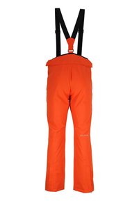 Pantalons de ski orange avec bretelles noires réglables, design à jambe fuselée, matériau imperméable et petit logo sur le bas de la jambe.