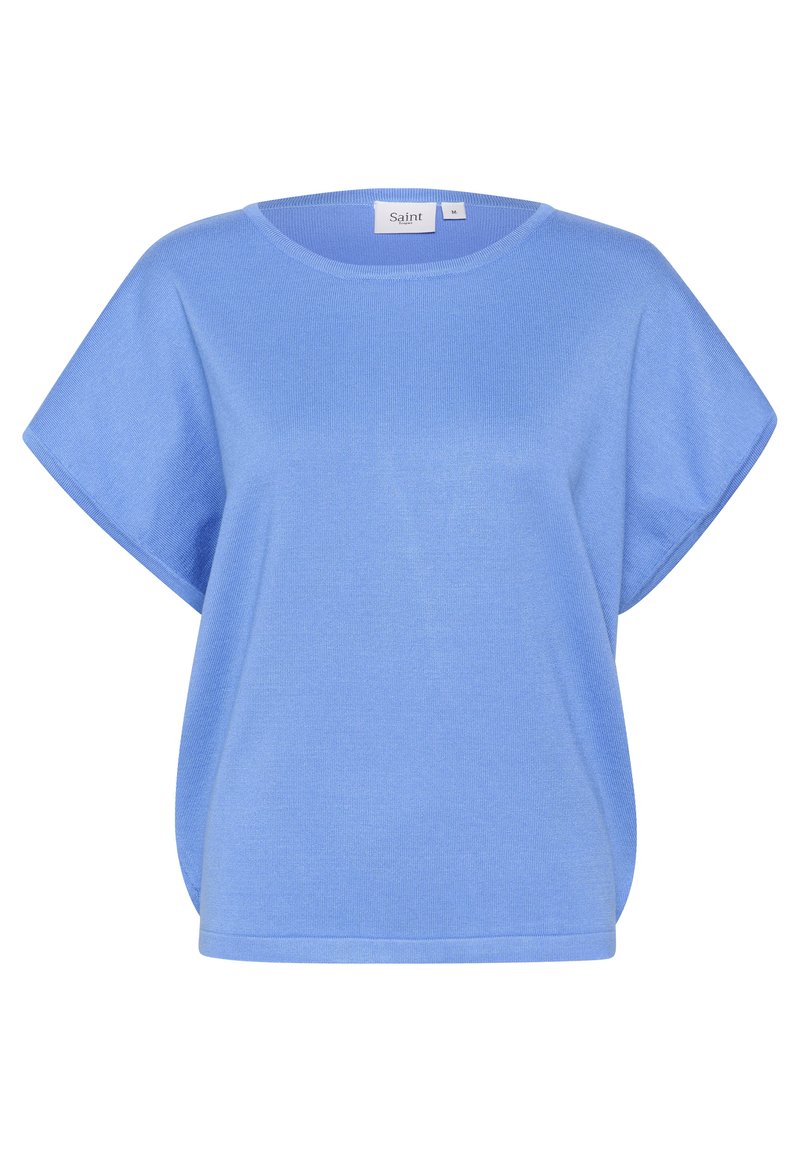 Haut bleu clair à manches courtes en tissu doux, avec un col rond et une coupe ample. Présente un design sans coutures et des détails de couture minimaux.