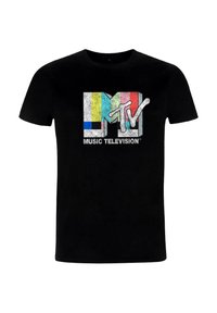 Black cotton t-shirt featuring a distressed MTV logo in white and colored vertical stripes, with "MUSIC TELEVISION" text below the logo.