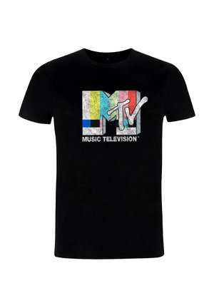 T-shirt in cotone nero con un logo MTV logorato in bianco e strisce verticali colorate, con il testo "MUSIC TELEVISION" sotto il logo.