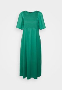 Robe maxi verte avec des manches courtes bouffantes et un corsage smocké. Fabriquée en tissu doux, elle présente une silhouette fluide en A.