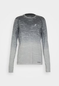 T-shirt de sport à manches longues avec des motifs dégradés gris, présentant un col rond, un tissu respirant et un petit logo sur la poitrine.