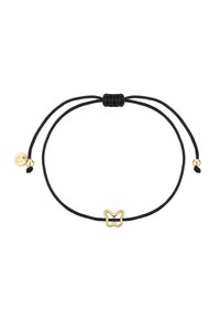 Juodas virvutės apyrankė su auksine drugelio pakabuku centre. Reguliuojama, su slystančiais mazgais ir mažais auksiniais akcentais ant galų.