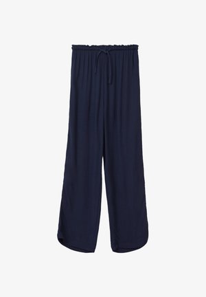 Marineblaue weit geschnittene Hose mit elastischem Bund und Kordelzug. Leichter Stoff mit einer weichen Textur und seitlichen Schlitzen am Saum.