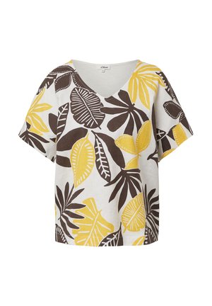 Biała bluzka z krótkim rękawem w serek z dużym, żółtym i ciemnobrązowym nadrukiem tropikalnych liści, luźny fason.