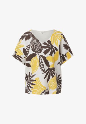 Biała bluzka z krótkim rękawem w serek z dużym, żółtym i ciemnobrązowym nadrukiem tropikalnych liści, luźny fason.