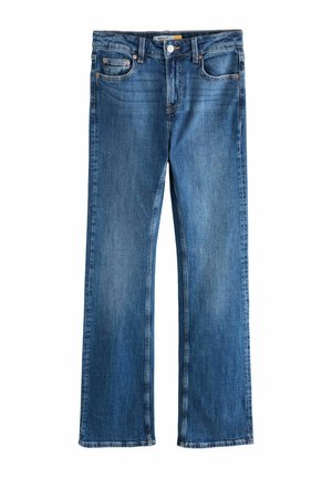 Blauwe denim bootcut jeans met een middelhoge taille, voorzien van zakken, een gladde textuur en een rechte pijpopening.