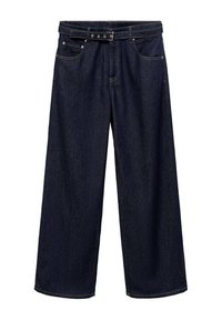 Jeans de pata ancha en azul oscuro con cintura cinturillada, cuatro bolsillos y costuras visibles. Hechos de denim con una textura suave.