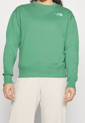 Personne portant un sweat vert à col ras du cou avec le logo The North Face en haut à gauche, assorti d'un pantalon beige clair, se tenant les bras relâchés.