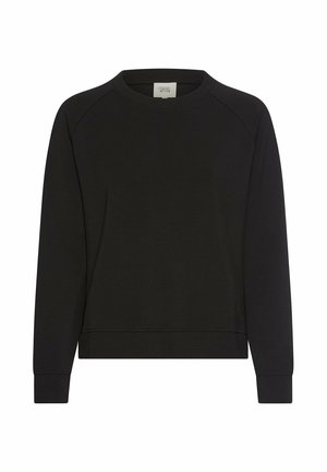 Ensfarvet sort sweatshirt med lange ærmer og rund halsudskæring med ribkanter ved ærmer og kant, vist på hvid baggrund.