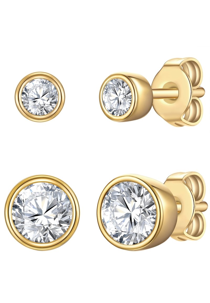 Pendientes de oro con brillantes redondos claros. Cada pendiente tiene un acabado suave con un engaste de bisel, resaltando el brillo de las piedras.