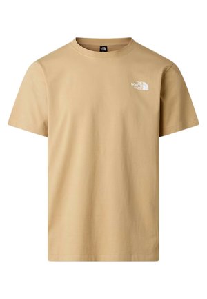 Camiseta beige de manga corta con cuello redondo y pequeño logo blanco de The North Face en el pecho izquierdo.