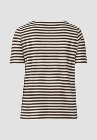 Braun-weiße gestreifte T-Shirt, aus weichem Baumwollmaterial, kurze Ärmel, runder Halsausschnitt, gerade geschnitten, ohne zusätzliche Verzierungen oder Details.