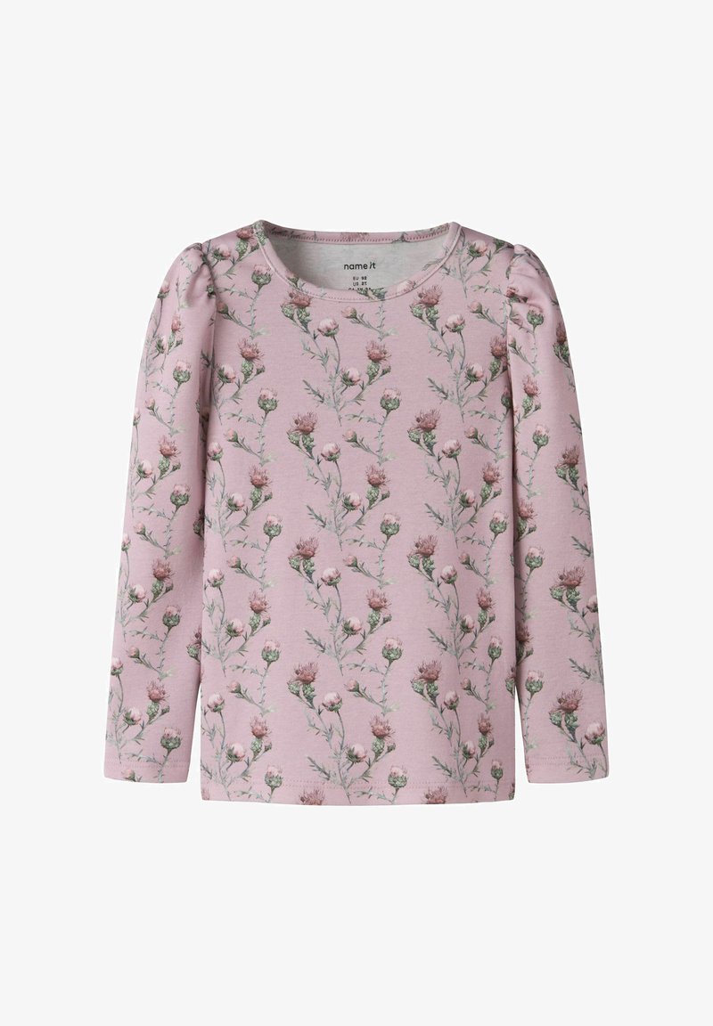 Langarmhemd aus hellrosa Baumwolle mit Blumendruck in Grün- und Violetttönen. Verfügt über gesammelte Puffärmel und einen runden Ausschnitt.
