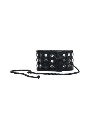 Crna tkanina choker ogrlica s reflektirajućim okruglim i dijamantnim ogledalnim ukrasima te s pletenim vezanjem.