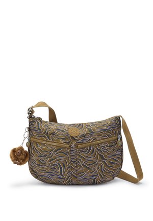Brun crossbody taske med sorte og hvide tigerstriber, to forreste lynlåslommer og en lille bamseabe-nøglering fastgjort.