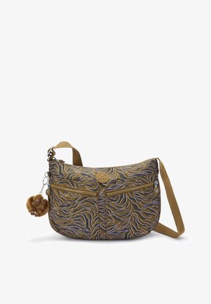 Brun crossbody taske med sorte og hvide tigerstriber, to forreste lynlåslommer og en lille bamseabe-nøglering fastgjort.
