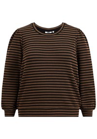 Černý a hnědý proužkovaný svetr s kulatým výstřihem, dlouhými rukávy a nařasenými rameny, vyrobený z texturované látky.