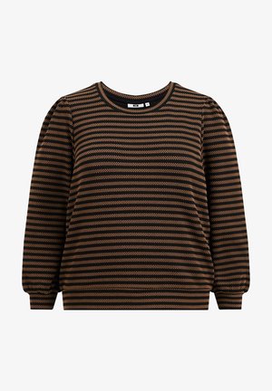 Maglione a righe nere e marroni con scollo rotondo, maniche lunghe e spalle raccolte, realizzato in tessuto strutturato.